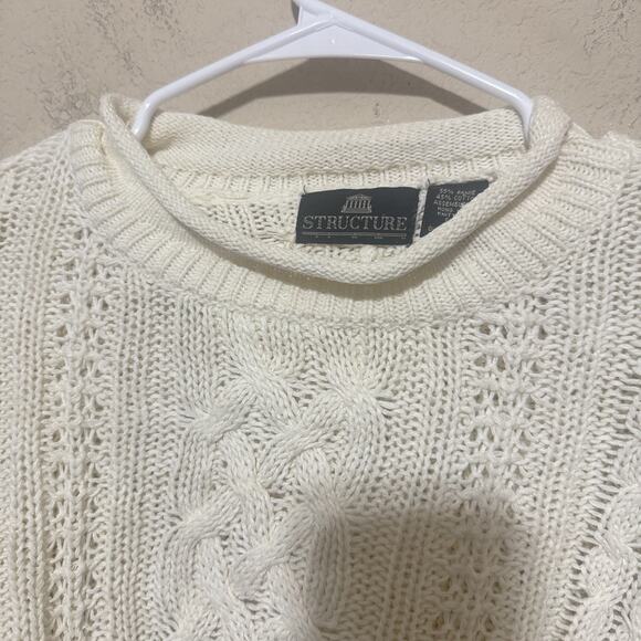 VINTAGE Fisherman Sweater Structure Roll neck Ivory mens L 90s cable knit cotton - Picture 5 of 8